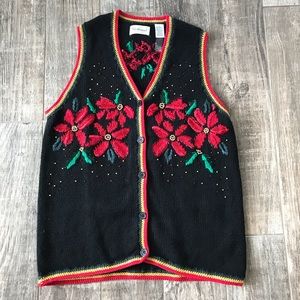 Vintage Ugly Christmas Sweater Vest Poinsettias